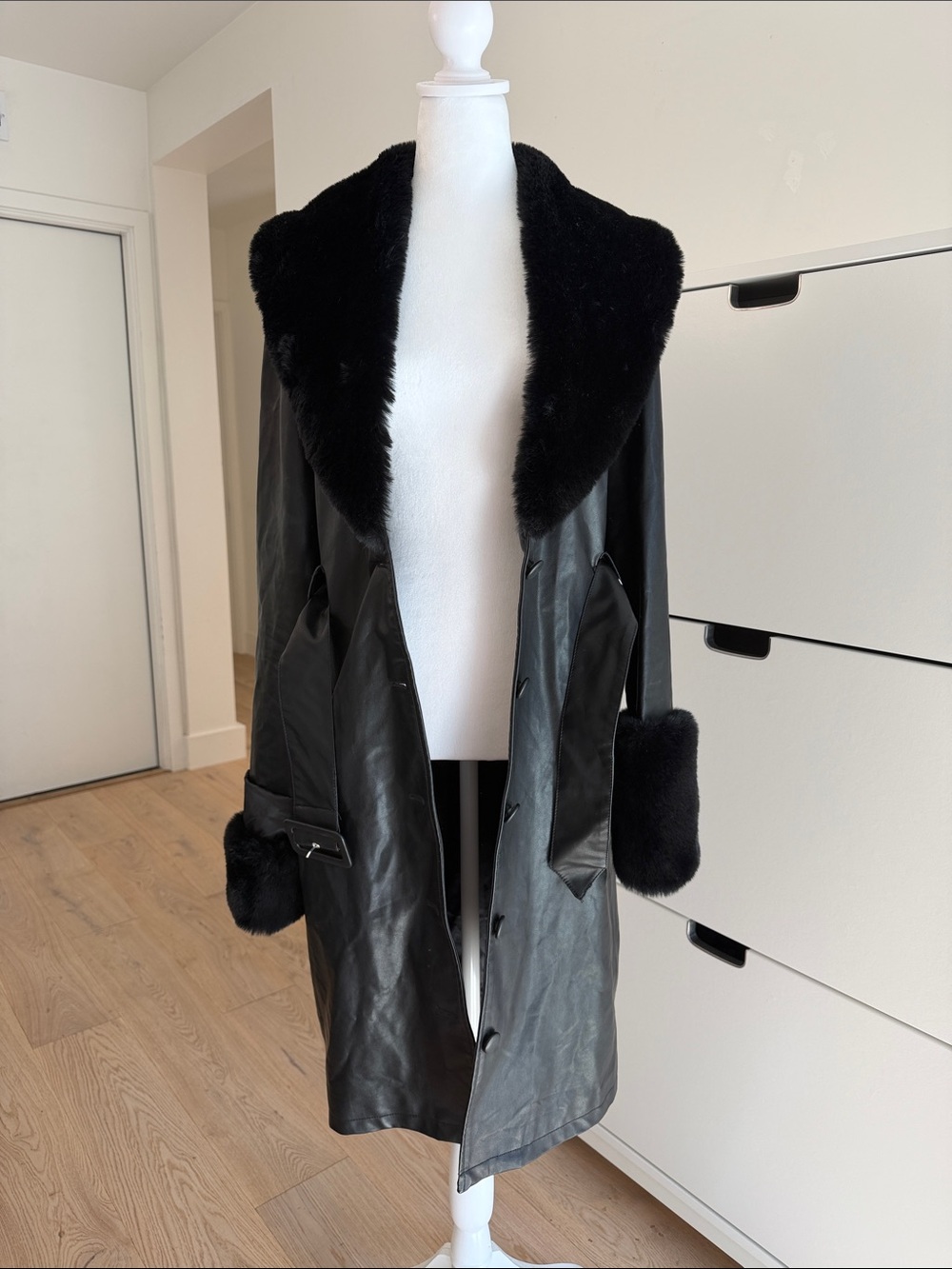 Lioness Black Faux Fur Trim Long Coat
